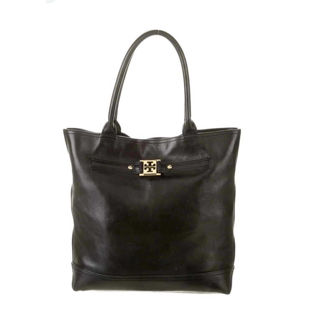 Tory‎ Burch Anniversary Black Leather Tote Shoulder Bag Gold Buckle